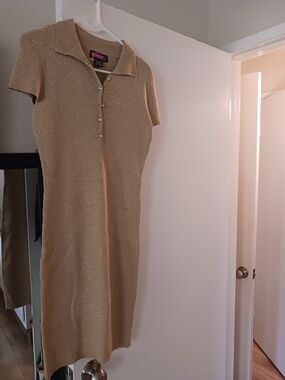 Say What? Metallic Gold Short-Sleeve Knit Midi Dress with Collar